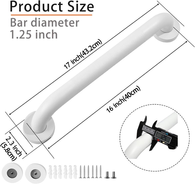 Rackickyer Shower Grab Bar, 2 Pack 16 Inch White Bathroom Grab Bar, 1.25" Diameter 304 Stainless Steel Anti-Slip Grab Bars for Bathtubs and Showers, Handicap Shower Grab Bar for Seniors Elderly - Image 2
